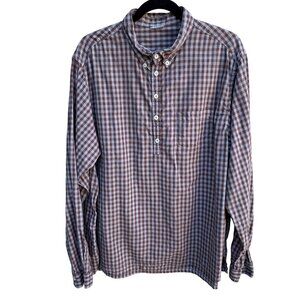 Vintage Brown Blue Gingham Long Sleeve 1/2 Button-Up Madras Cotton Tunic Shirt